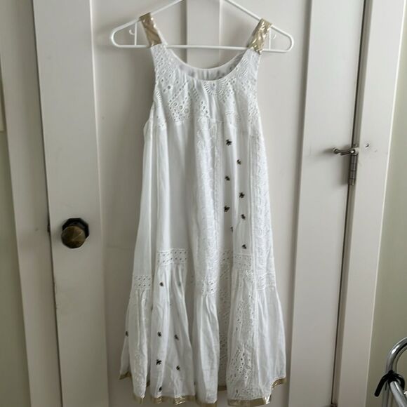 EUC ANTHROPOLOGIE LEIFNOTES white Eyelet Gold Beaded Swing Dress Sz 4 - Picture 9 of 12